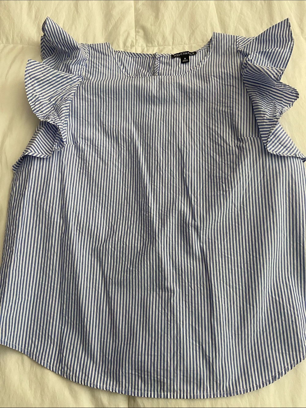 J Crew Blue and White Striped Ruffle Sleeve Top
